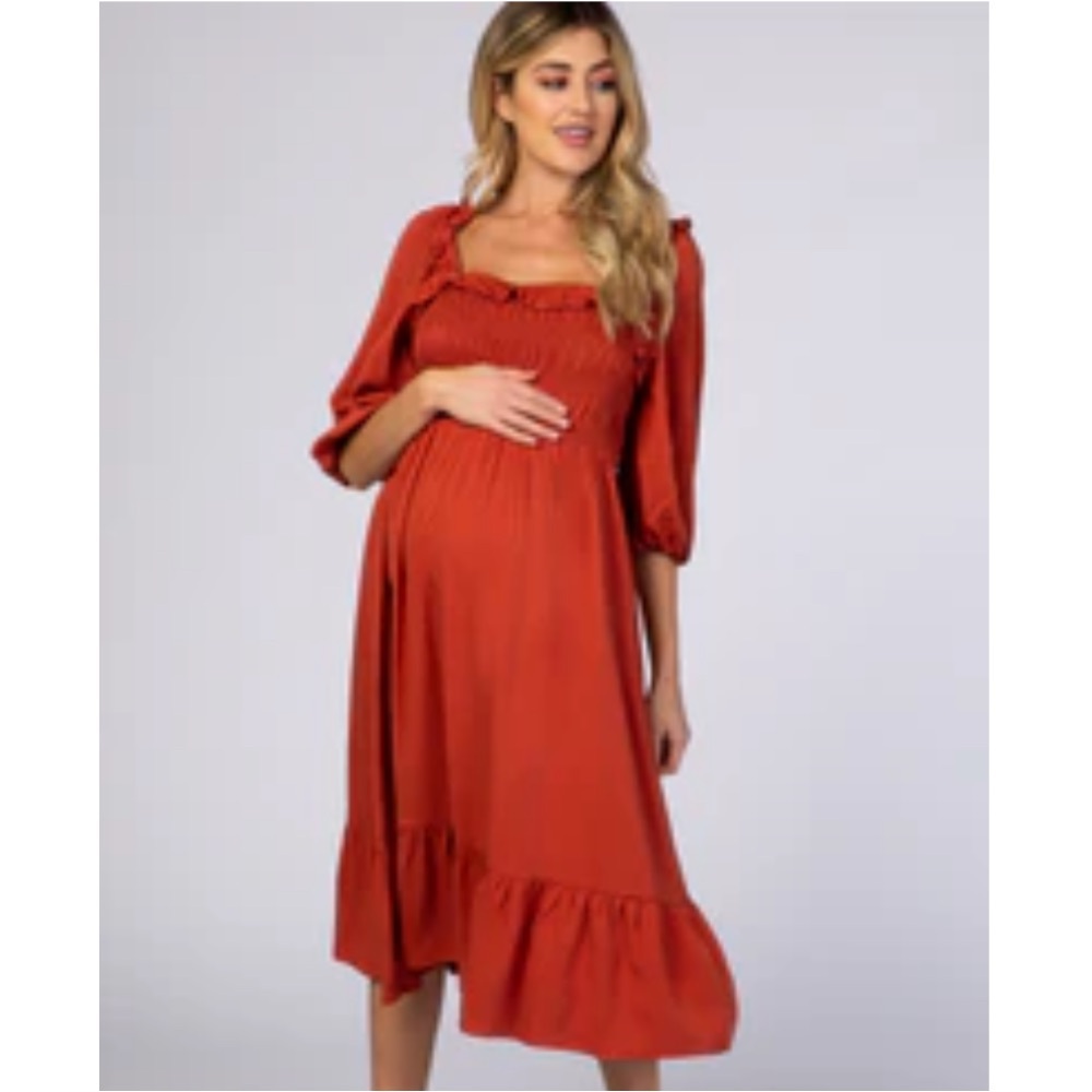 Pinkblush Rust Smocked Square Neck Maternity Pregnancy Nursing Midi Dress